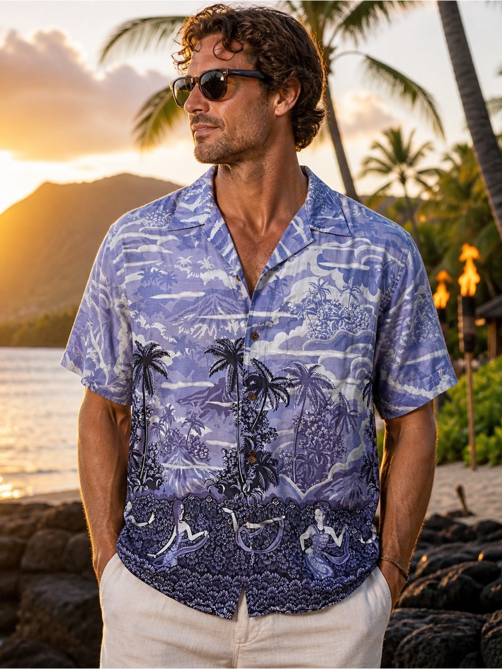Vintage Pataloha Rare Collector Hawaiian Shirt L Made in Portugal Border Print